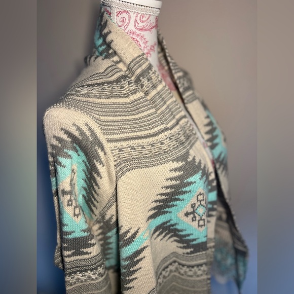 DREAMERS Gray Mint Aztec Southwestern Santa Fe Waterfall Open Cardigan sz Small - Picture 6 of 13